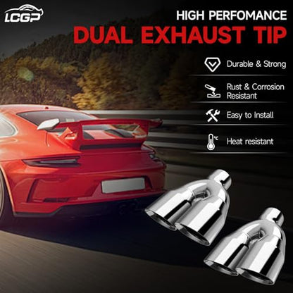 LCGP Dual Exhaust Tip 2.5 inch Inlet 3.5 inch Outlet Universal Car Stainless Steel Angle Cut 2-Packs Tailpipe(left and right) - size: 2.5x3.5x9.25 inch, style: Polished