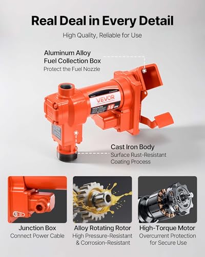 VEVOR Fuel Transfer Pump, 12V DC 16 GPM 1/4 HP Diesel Pump, Extractor Pumps with Manual Nozzle, Discharge Hose and Suction Pipe, for Gasoline, Diesel, Kerosene, Ethanol-Methanol Blends & Biodiesel - size: 12V 16GPM