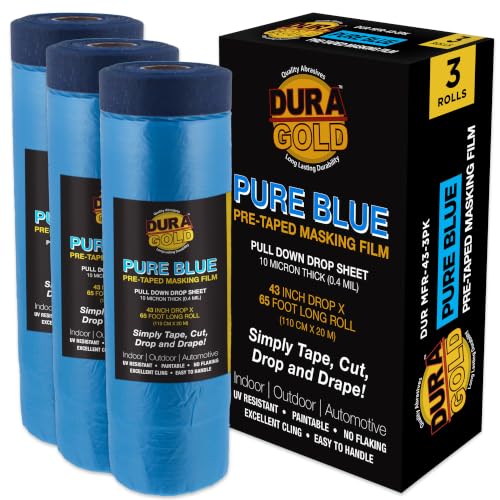Dura-Gold 43" x 65' Pure Blue Pre-Taped Masking Film, (3 Pack) Painters Plastic Roll (0.4 Mil), Pull Down Drop Sheet, Pre-Taped Plastic Sheeting for Painting Protection on Auto, Walls, Furniture