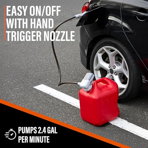 Deway AA Battery Gas Pump Automatic Fuel Transfer with Trigger Nozzle & PVC Hose - 2.4 GPM Siphon Pump for Gasoline, Diesel, Kerosene, Gas Cans, Generators, Lawn Mowers, Boats, ATVs - style: Hand Trigger Nozzle w/ PVC Hose