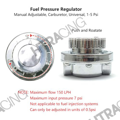 1-5 PSI Fuel Pressure Regulator with Gauge Adjustable Manual Universal for Carburetor Carb Zinc Alloy FPR with 8MM 10MM (5/16" 3/8") Hose Fittings
