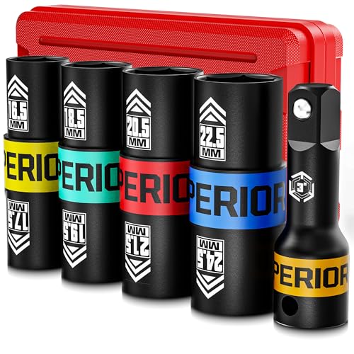 1/2" Drive Lug Nut Socket Set, 16.5-24.5 mm Flip Socket Set, 5 Pcs Thin Wall Nut Sockets with 3" Extension Bar, Remove Bloated Warped, Damaged Lug Nuts - size: 5PCS：16.5MM-24.5MM