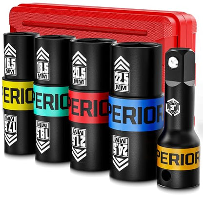 1/2" Drive Lug Nut Socket Set, 16.5-24.5 mm Flip Socket Set, 5 Pcs Thin Wall Nut Sockets with 3" Extension Bar, Remove Bloated Warped, Damaged Lug Nuts - size: 5PCS：16.5MM-24.5MM