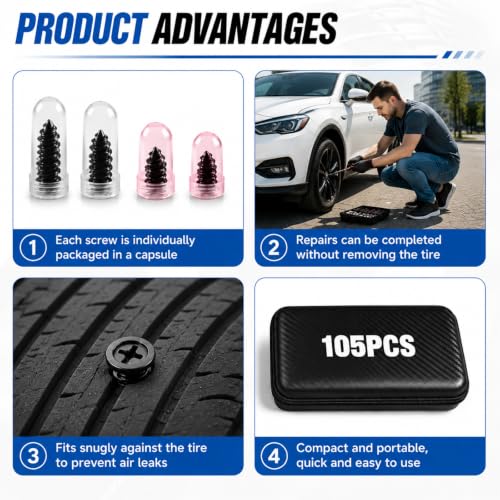 105-Piece Tire Screw Plug Repair Kit, No Tire Removal for Cars and Trucks