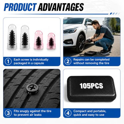 105-Piece Tire Screw Plug Repair Kit, No Tire Removal for Cars and Trucks