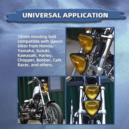 Motorcycle LED Headlight, Custom Triangle Headlamp, Upgraded Bikes' Chrome Front Light Universal Fit Chopper Cafe Racer Bobber Harley Springers Triumph - Bottom Mount Amber Lens - size: 1043-chrome-amber