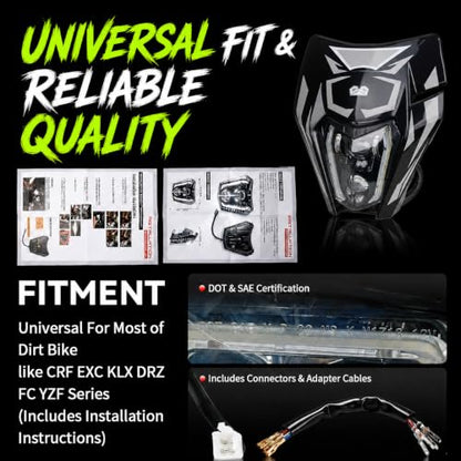 DOT Dirt Bike Headlight LED With Turn Signals and Graphics Sticker-Black - color: Black with Sticker, size: With Turn Signals