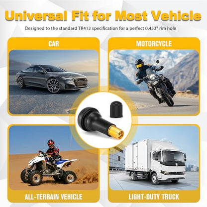 TR413 Valve Stems, Rubber Snap-in Valve Stems, Car Tire Valve Stem for 0.453 inch Rim Holes on Standard Vehicle Tires (200 Pcs)