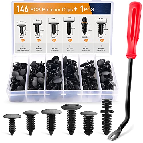 GOOACC 146PCS Nylon Bumper Shield Retainer & Double End Xmas Tree Retainers Clips Universal Auto Body Shield Retainer Fastener Clip Assortment- Bonus Fastener Remover - size: 146Pcs Clips + Remover