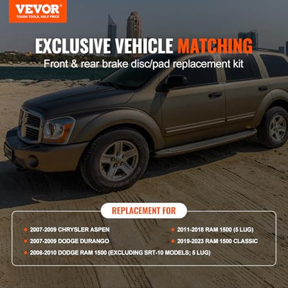 VEVOR Front and Rear Brake Kit for 06-2018 Dodge Ram 1500, 07-2009 Dodge Durango Chrysler Aspen, Drilled and Slotted Brake Rotors Ceramic Brake Pads Replacement, 13.2" Front Rotors 13.9" Rear Rotors - size: S-53005 + S-53006