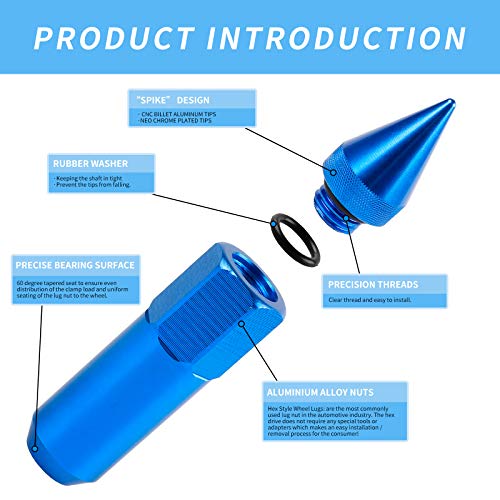 M12X1.5 Spikes Nuts for Rims Aluminum Extended Tuner Lug Nuts 20PCS 60MM (Blue) - color: Blue