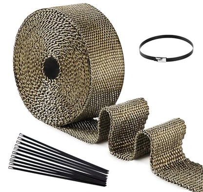 Exhaust Heat Wrap, Tooomplus 2'' x 50' Fiberglass Heat Shield Tape, Heat Wrap for Exhaust Pipes with 15pcs Stainless Steel Ties for Motorcycle Car Truck - size: 50 ft