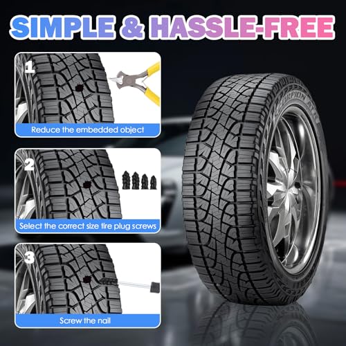 60PCS Tire Repair Kit,4 Sizes Screw in Tire Plugs for Tubeless Repairs with Tools,Quick Self-Service Tires Screw Plugs as Tires Repair Rubber Nail Kit for Motorcycle,Truck
