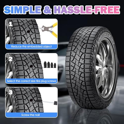 60PCS Tire Repair Kit,4 Sizes Screw in Tire Plugs for Tubeless Repairs with Tools,Quick Self-Service Tires Screw Plugs as Tires Repair Rubber Nail Kit for Motorcycle,Truck