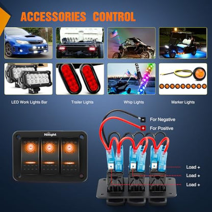 Nilight 3 Gang Rocker Switch Panel w/Orange LED Light 5Pin ON Off Pre-Wired - color: Amber, size: 3 Gang
