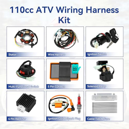 Complete Wiring Harness Kit Compatible with Tao tao Coolster 110cc 125cc Chinese ATV Quad 4 Wheeler 4 Stroke Parts with Ignition Coil Relay Solenoid Voltage Regulator CDI Box Stator Starter