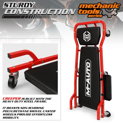 M-AUTO Heavy-Duty Automotive Creeper with 3-leves Adjustable Headrest, 42.5" Padded Metal Frame Creeper with Tools Tray for Garage Shop, 6 Noiseless Casters 300LBS Capacity, Red