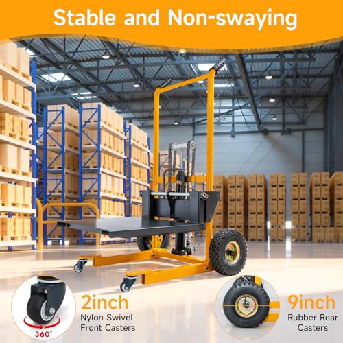 MMS Foldable Hydraulic Material Lift Winch Stacker, 450 Lbs 35.8" Max Lift w/ 9" Wheels 360° Swivel Casters, Pallet Truck Dolly, Fork Lift Table Cart, Pallet Jack, Removable Platform, Adjustable Forks