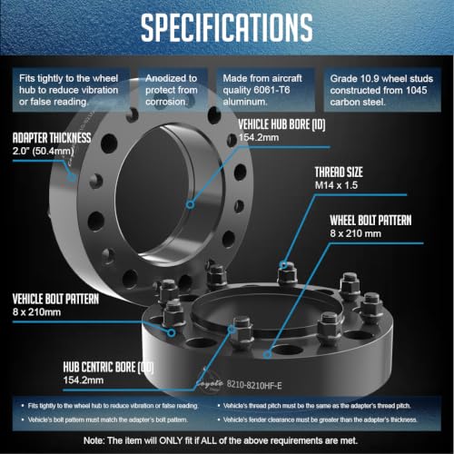 Wheel Accessories Parts 2 Pcs Hub Centric Wheel Spacers 8 on 210mm 2.00 Inch Thick 154.2mm Hub M14x1.5 14x1.5 Thread Stud Fits Chevrolet Silverado GMC Sierra 3500HD (Dually - Front Only) - size: With Lip, style: 2.00" Alum (2 Pack)