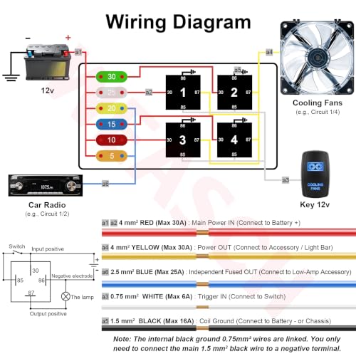 12V 6 Way Pre-Wired Fuse Relay Box Kit with 4 x 80A 4-Pin - size: 80A 4 Relay 6 Fuses, style: Pre-Wired