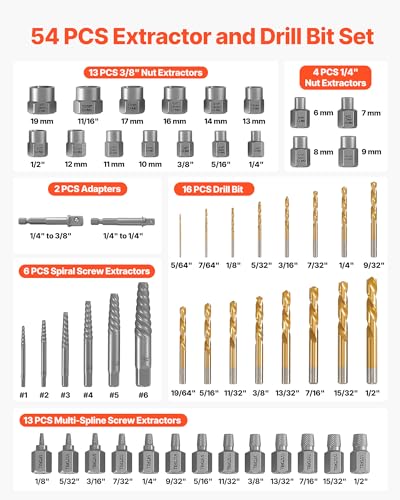 VEVOR Screw Extractor Set with Drill Bits, 54 Pieces, Easy Out Nut Bolt Extractors and Drill Bits, with Adapters, Solid Storage Case, Cr-Mo Steel for Removing Rounded, Broken, or Stripped Fasteners - size: 54 PCS