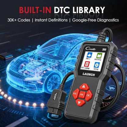 Check Engine Code Reader, LAUNCH Creader CR300 OBD2 Scanner Diagnostic Tool, Live Data Battery Voltage Test, Read Clear DTCs, I/M Readiness, for 1996+ Cars Trucks SUVs OBDII