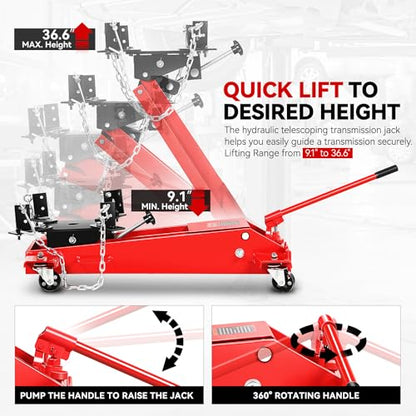 Auto Dynasty Universal Garage Low Profile Hydraulic Transmission Jack, 1.5 Ton (3306 lbs) Capacity, Lifting Range 9.1" (Min) to 36.6" (Max), Alloy Steel