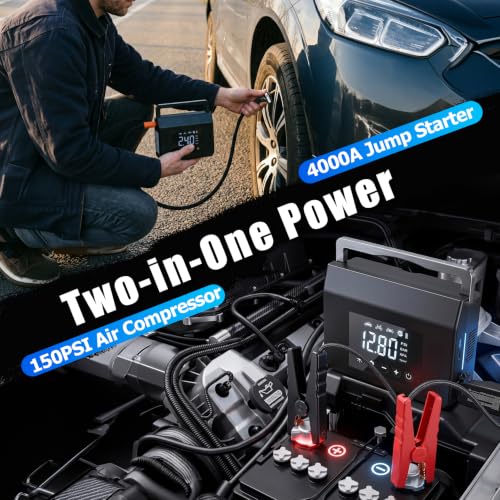 Car Battery Jump Starter with Air Compressor, 4000A Tire Inflator Portable