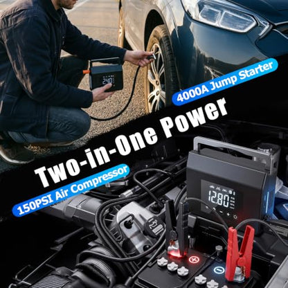 Car Battery Jump Starter with Air Compressor, 4000A Tire Inflator Portable