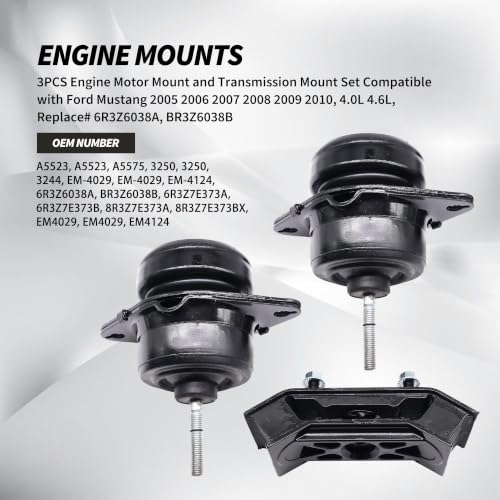 3PCS Engine Motor Mount and Transmission Mount Set Compatible with 2005 2006 2007 2008 2009 2010 Ford Mustang V6 4.0L, V8 4.6L