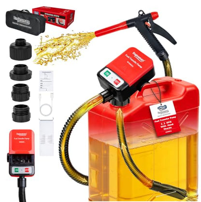 3.2GPM Battery Powered USB Charging Fuel Transfer Pump with Hand Shut Off Nozzle, 51" Long Hose, 4 Adapters, Portable Gas Pump Ideal For Gasoline, Diesel, Kerosene Transfer - color: Black Red