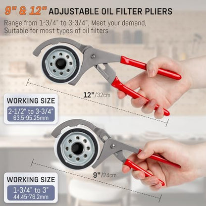 8-Piece Oil Filter Wrench Set, Oil Filter Removal Tool Cover 2-3/4" to 5-1/4", 9" & 12" Adjustable Oil Filter Pliers, Universal 3-Jaw Fuel Filter Wrench & Adapter for Car, Truck, Motorcycle