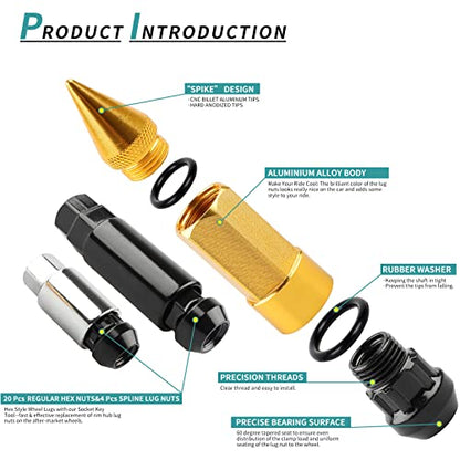 M14x1.5 Anti Theft Wheel Spike Lug Nut 24 PCS - color: Gold