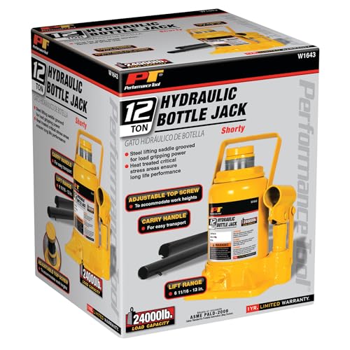 Performance Tool W1643 Heavy Duty Shorty Bottle Jack for Vehicle Maintenance, 12 Ton Capacity (24,000 lbs) - size: 12-Ton - Shorty