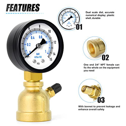 MEANLIN MEASURE 0-15Psi Forged Brass Air Test Pressure gauges, 3/4" FNPT Connection, 2" Double Graduated, Bell Shape Body Assembly, -3-2-3% Accuracy - size: 0-15Psi, style: Brass Body