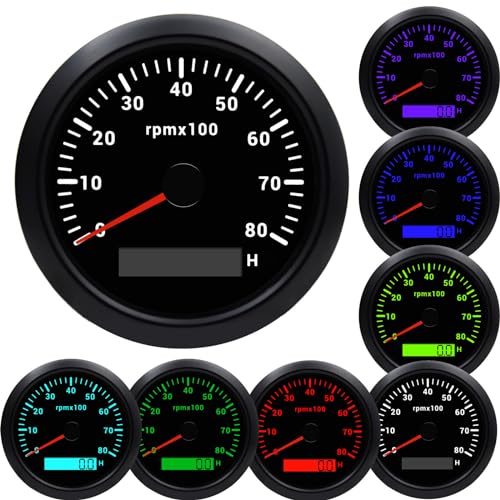 Geloo 85MM Boat RPM Tachometer Gauge 0-8000 RPM Tacometro Meter Replacement for Auto Truck Car - 7 Colors Backlight LED Display 9-32V 3-3/8" (Black) - color: Black, size: 8000 RPM
