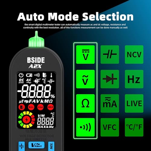 BSIDE Rechargeable Digital Multimeter Electrical Amp Tester Color LCD 6000 Counts Automatic Smart Voltmeter VFC Capacitance Diode AC DC Current Continuity Voltage Tester with Carrying Case - color: A2X with Bag