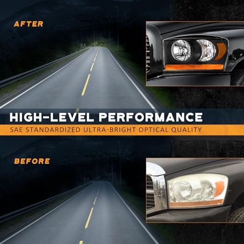 WEELMOTO Black Headlights with Amber Bottom for 2006-2008 Ram 1500-3500 - color: Clear Lens I Black housing I Amber Reflector