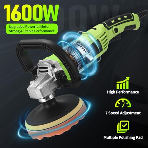 Buffer Polisher, 1600W 6 Inch/7 Inch Rotary Car Buffer Polisher Wax, 7 Variable Speed 1600-3500 RPM, Car Buffers and Polisher for Car, Boat Sanding and Polisher