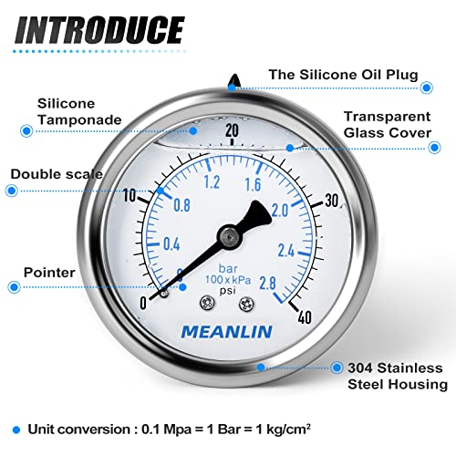 MEANLIN MEASURE 0~40Psi Stainless Steel 1/4" NPT 2.5" FACE DIAL Liquid Filled Pressure Gauge WOG Water Oil Air, Cencter Back Mount, with 1/2" NPT and 3/8" NPT Hex Bushing - size: 0-40Psi