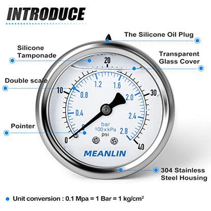 MEANLIN MEASURE 0~40Psi Stainless Steel 1/4" NPT 2.5" FACE DIAL Liquid Filled Pressure Gauge WOG Water Oil Air, Cencter Back Mount, with 1/2" NPT and 3/8" NPT Hex Bushing - size: 0-40Psi