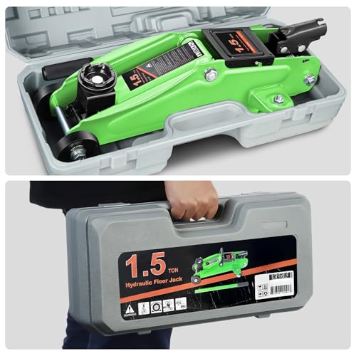 DNA MOTORING Low Profile Hydraulic Trolley Service/Floor Jack, 1.5 Ton (3000 lbs) Capacity, Lifting Range 5.3"-12", Green, TOOLS-00326-GR - color: Green, style: 1.5 ton