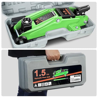 DNA MOTORING Low Profile Hydraulic Trolley Service/Floor Jack, 1.5 Ton (3000 lbs) Capacity, Lifting Range 5.3"-12", Green, TOOLS-00326-GR - color: Green, style: 1.5 ton