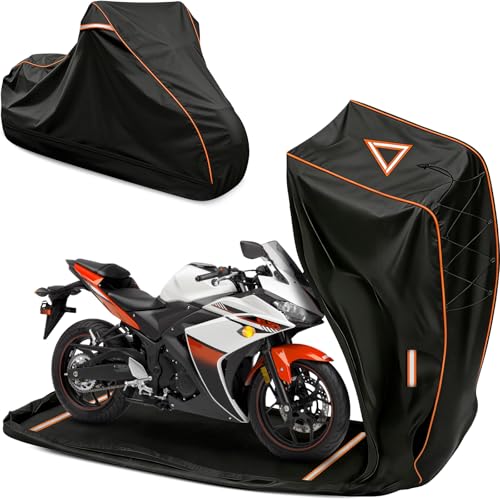 COVERVIN Full Enclosed Motorcycle Cover, 600D Heavy Duty Waterproof Motorcycle Cover, Outdoor UV Protection with Reflective Strips, Fits 96" Harley Honda Yamaha Suzuki, Black - size: XXL-96"