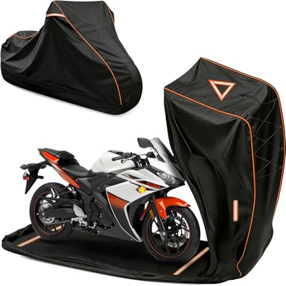 COVERVIN Full Enclosed Motorcycle Cover, 600D Heavy Duty Waterproof Motorcycle Cover, Outdoor UV Protection with Reflective Strips, Fits 96" Harley Honda Yamaha Suzuki, Black - size: XXL-96"