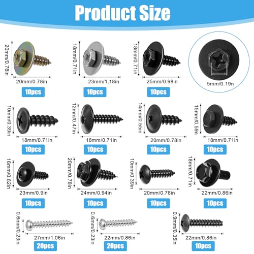 160Pcs Metal Car Screw, Body Bumper Hood Retainer Clips with Phillips Round Head Self Tapping Screw Assortment Kit, Bolts, Splash Shield Bumper Cover for Most Cars 14 Sizes