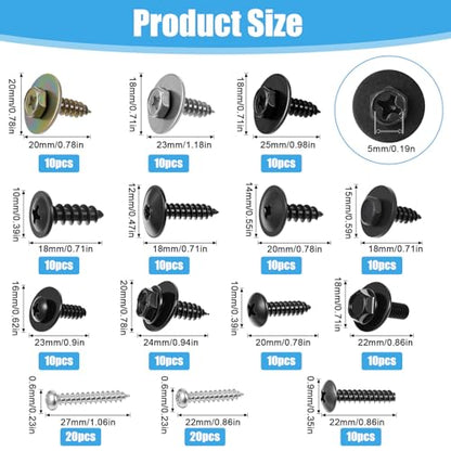 160Pcs Metal Car Screw, Body Bumper Hood Retainer Clips with Phillips Round Head Self Tapping Screw Assortment Kit, Bolts, Splash Shield Bumper Cover for Most Cars 14 Sizes