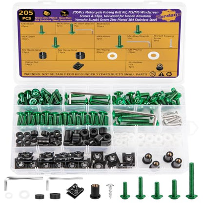205Pcs Motorcycle Fairing Bolt Kit, M5 M6 Stainless Steel 304, Green - color: Green