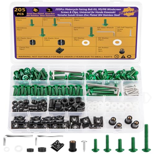 205Pcs Motorcycle Fairing Bolt Kit, M5 M6 Stainless Steel 304, Green - color: Green
