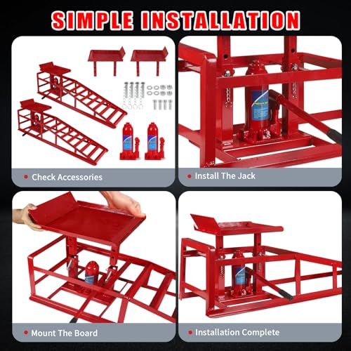 5T 11000lbs 2-Pack Hydraulic Car Ramps,Hydraulic Vehicle Ramps Assemble Easily,Automotive Ramps for Oil Changes,Low Profile Car Ramp for Home Garage, Auto Garage Repair. - color: Red